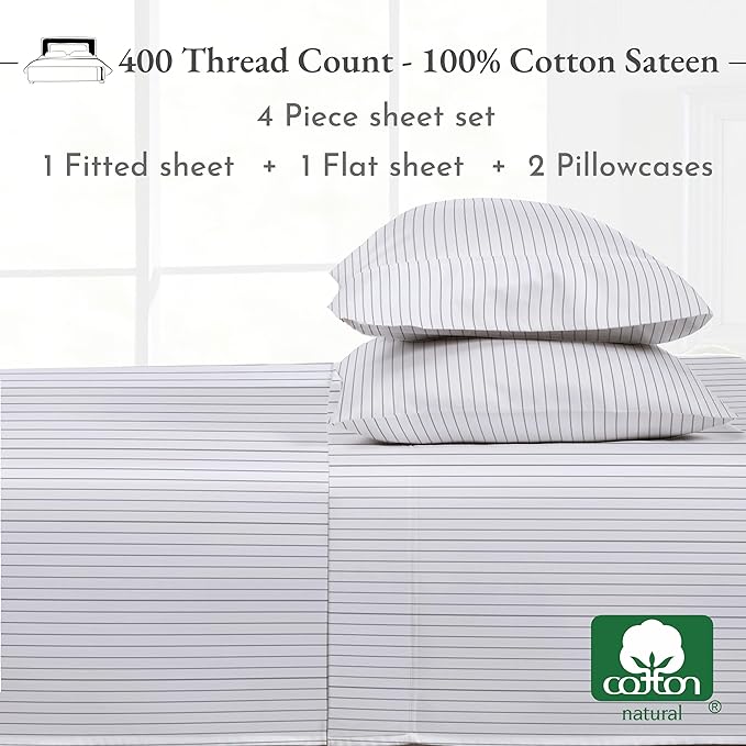 California Design Den Pinstripe Sheets Full Size Softest 100% Cotton Sheets Set, Luxury 400 Thread Count Sateen, Printed Striped Pattern (Pinstriped) - LeafyLoom