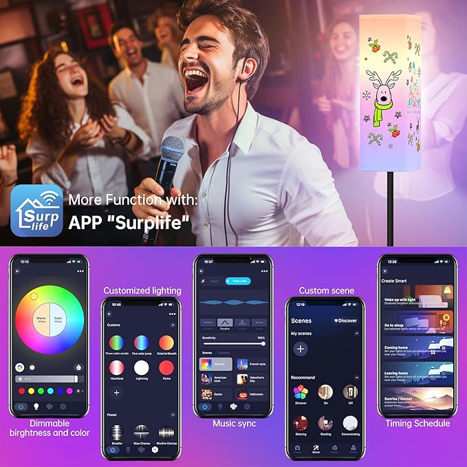 Smart RGB Floor Lamp for Living Room, Bedroom, Modern LED Standing Tall Lamp, WiFi Music Smart Corner Lamp with Remote Control, Dimmable, Compatible with Alexa and Google Home (2 lampshades) - LeafyLoom