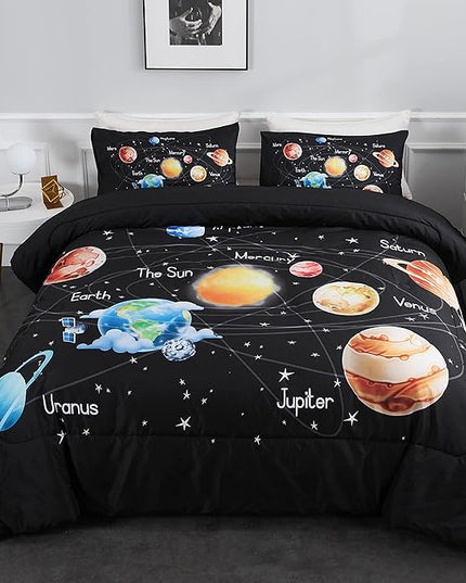 Solar System Comforter Set Queen Universe Planets Theme Bedding Set 3 Pieces 1 Space Comforter and 2 Pillow Shams for Boys Girls Kids Ultra-Soft Microfiber All Seasons for Bedroom Sofa - LeafyLoom