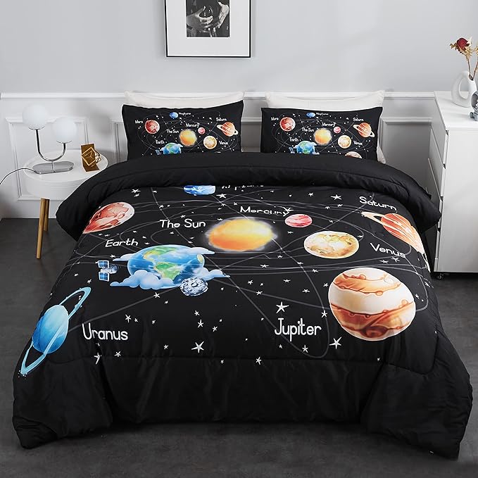 Solar System Comforter Set Queen Universe Planets Theme Bedding Set 3 Pieces 1 Space Comforter and 2 Pillow Shams for Boys Girls Kids Ultra-Soft Microfiber All Seasons for Bedroom Sofa - LeafyLoom