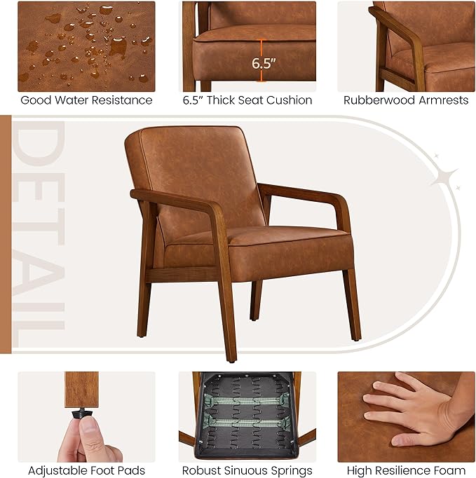 Yaheetech PU Leather Accent Chair, Mid-Century Modern Barrel Chair with Wooden Frame and Soft Thick Padded for Living Room Bedroom Home Office, 2 Pieces, Light Brown - LeafyLoom