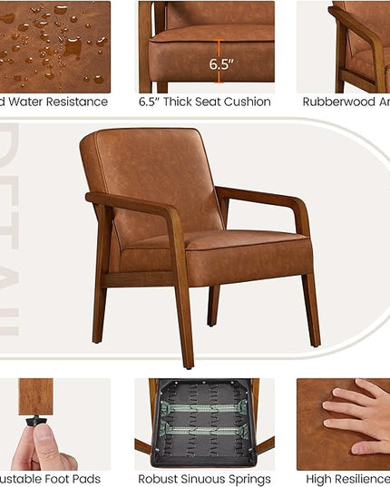 Yaheetech PU Leather Accent Chair, Mid-Century Modern Barrel Chair with Wooden Frame and Soft Thick Padded for Living Room Bedroom Home Office, Light Brown - LeafyLoom