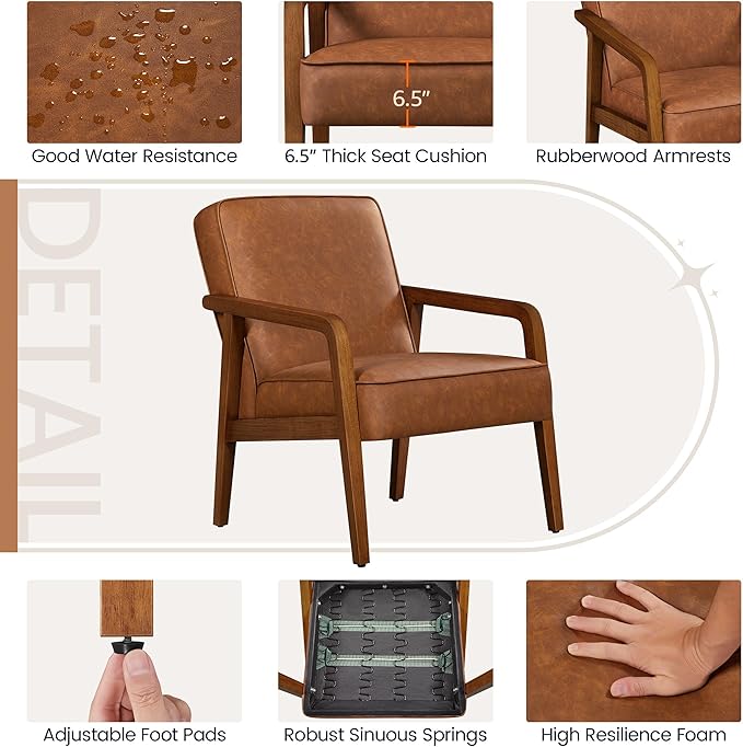 Yaheetech PU Leather Accent Chair, Mid-Century Modern Barrel Chair with Wooden Frame and Soft Thick Padded for Living Room Bedroom Home Office, Light Brown - LeafyLoom
