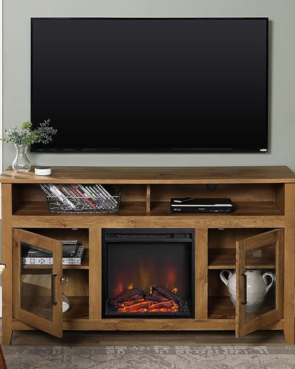 Walker Edison Glenwood Rustic Farmhouse Glass Door Highboy Fireplace TV Stand for TVs up to 65 Inches, 58 Inch, Barnwood - LeafyLoom