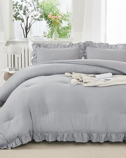 Andency Silver Gray Comforter Set California King Size, 3 Pieces Vintage Shabby Ruffle Bedding Comforter Sets for Cal King Bed, Lightweight Fluffy Soft Microfiber Farmhouse Comforter Set - LeafyLoom
