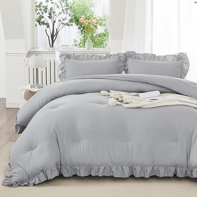 Andency Silver Gray Twin Size Comforter, 2 Pieces Farmhouse Classic Chic Ruffle Comforter for Kids, Lighteweight Soft Microfiber Bedding Set for Girls(1 Ruffle Comforter and 1 Pillowcase) - LeafyLoom
