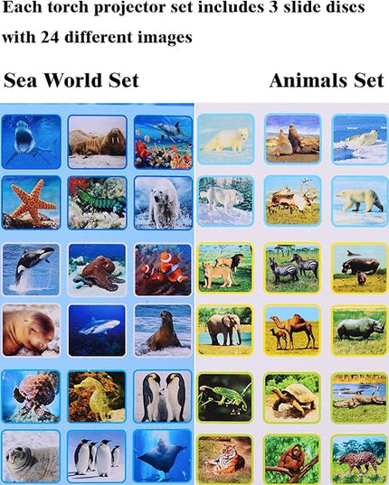 Georgie Porgy Children Projector Toys Educational Science Set Wall Ceiling Tent Torch Flashlight for Kids Gifts for Boys Girls with 2pcs Tattoo Stickers (Wild Animal + Sea World) - LeafyLoom
