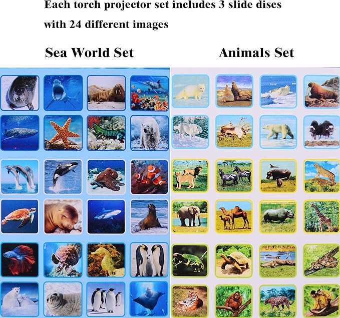 Georgie Porgy Children Projector Toys Educational Science Set Wall Ceiling Tent Torch Flashlight for Kids Gifts for Boys Girls with 2pcs Tattoo Stickers (Wild Animal + Sea World) - LeafyLoom