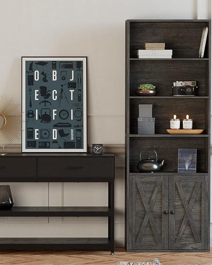 IRONCK Industrial Bookshelves and Bookcases with Doors Floor Standing 6 Shelf Display Storage Shelves 70 in Tall Bookcase for Home Office, Living Room - LeafyLoom
