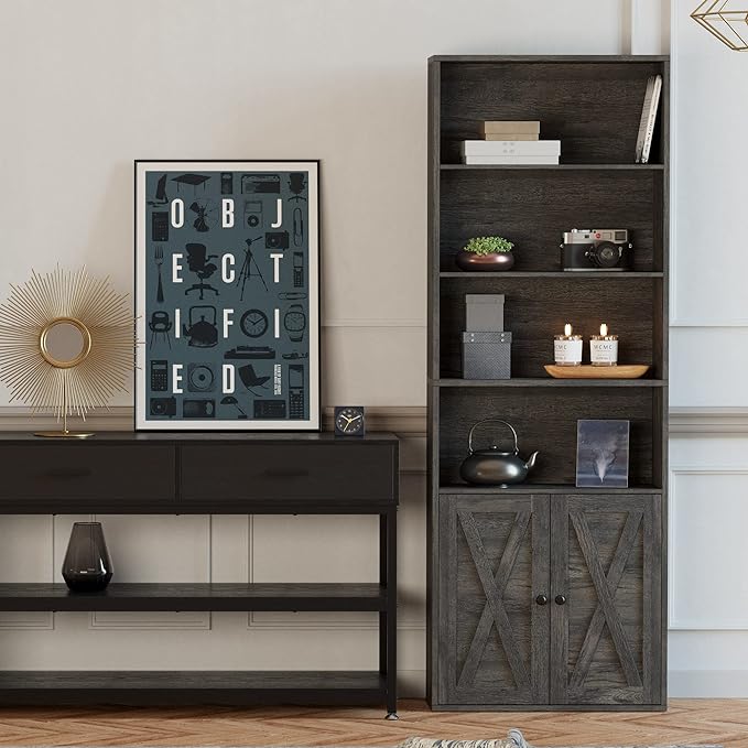 IRONCK Industrial Bookshelves and Bookcases with Doors Floor Standing 6 Shelf Display Storage Shelves 70 in Tall Bookcase for Home Office, Living Room - LeafyLoom