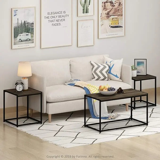 Furinno Camus Modern Living Room Coffee Table with 2 End Tables Set, Columbia Walnut - LeafyLoom