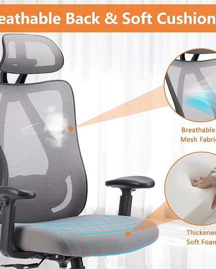 Sweetcrispy Ergonomic Office Desk Computer Chair, High Back Comfy Swivel Home Gaming Mesh Chairs with Wheels, Adjustable Lumbar Support, Headrest, Liftable 2D Arms,135° Tilt for Bedroom, Study, Grey - LeafyLoom