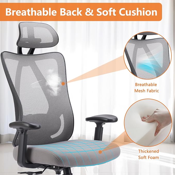 Sweetcrispy Ergonomic Office Desk Computer Chair, High Back Comfy Swivel Home Gaming Mesh Chairs with Wheels, Adjustable Lumbar Support, Headrest, Liftable 2D Arms,135° Tilt for Bedroom, Study, Grey - LeafyLoom