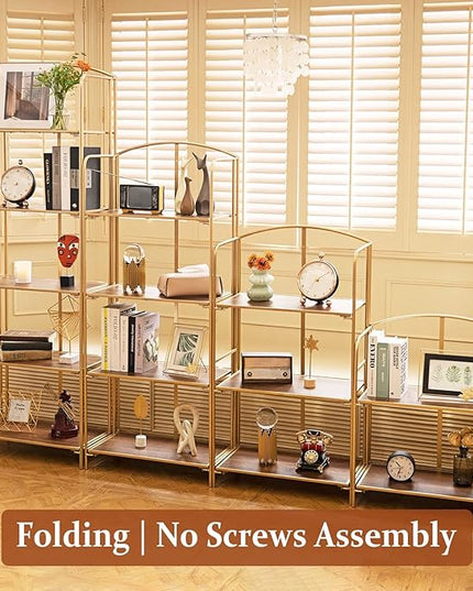 No Assembly Folding Bookshelf, 4 Tier Gold Bookshelf, Metal Book Shelf for Storage, Folding Bookcase for Office Organization and Storage, 12.6" D x 22.44" W x 55.51" H - LeafyLoom