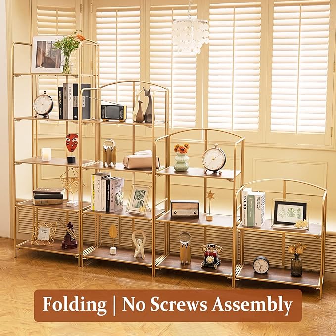 No Assembly Folding Bookshelf, 4 Tier Gold Bookshelf, Metal Book Shelf for Storage, Folding Bookcase for Office Organization and Storage, 12.6" D x 22.44" W x 55.51" H - LeafyLoom