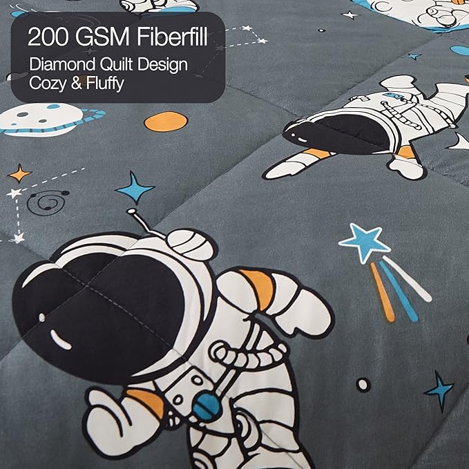 JSD Grey Astronaut Kids Comforter Set for Boys Toddler, 2 Pieces Twin Microfiber Comforter with Pillow Sham, Soft Comfortable Machine Washable - LeafyLoom