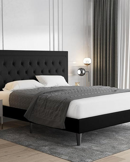 Allewie Queen Size Bed Frame Upholstered Platform Bed with Adjustable Headboard, Button Tufted, Wood Slat Support, Easy Assembly, Black - LeafyLoom