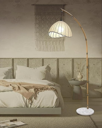 Bamboo Floor lamp, Unique Bohemian Hanging arc Floor lamp, Antique Vine Style, Restaurant Vertical lamp, Marble Base Farmhouse Study Living Room Corner lighting - LeafyLoom