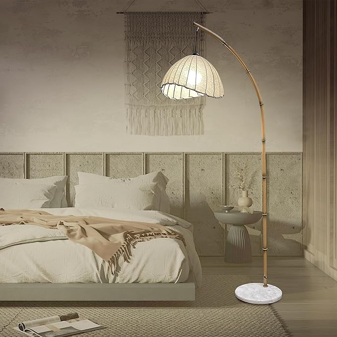 Bamboo Floor lamp, Unique Bohemian Hanging arc Floor lamp, Antique Vine Style, Restaurant Vertical lamp, Marble Base Farmhouse Study Living Room Corner lighting - LeafyLoom