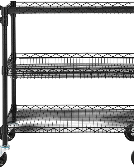 Finnhomy 3 Tier Heavy Duty Commercial Grade Utility Cart, Wire Rolling Cart with Handle Bar, Steel Service Cart with Wheels, Kitchen Cart on Wheels, Food Storage Trolley, NSF Listed, Black - LeafyLoom