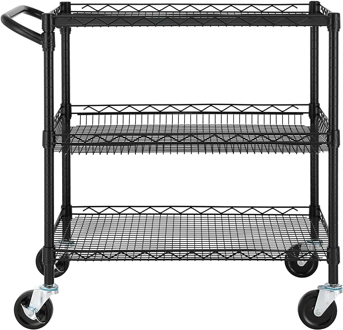 Finnhomy 3 Tier Heavy Duty Commercial Grade Utility Cart, Wire Rolling Cart with Handle Bar, Steel Service Cart with Wheels, Kitchen Cart on Wheels, Food Storage Trolley, NSF Listed, Black - LeafyLoom
