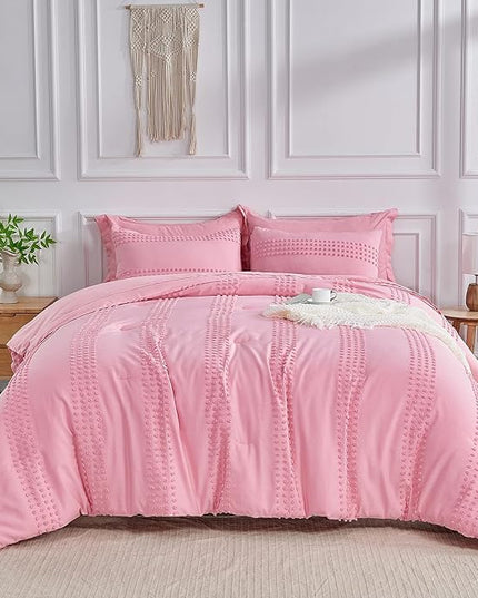 ENJOHOS King Size Comforter Set with Sheets 7 Pieces - Pink King Comforter Set, King Bed in a Bag Set, Boho Tufted Bedding Set with Pom Pom Design, Lightweight Soft Microfiber Comforter Bed Set - LeafyLoom