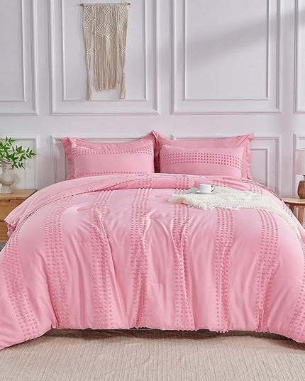ENJOHOS Queen Comforter Set 7 Piece - Pink Comforters Queen Size, Queen Bed in a Bag Set, Boho Tufted Bedding Comforter Set with Pom Pom Design, Lightweight Soft Microfiber Comforter Bed Set - LeafyLoom