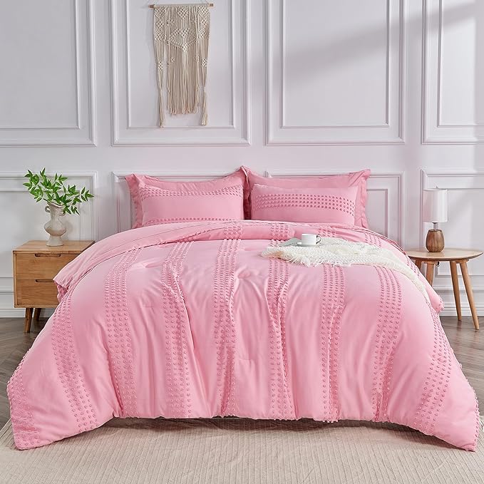 ENJOHOS Queen Comforter Set 7 Piece - Pink Comforters Queen Size, Queen Bed in a Bag Set, Boho Tufted Bedding Comforter Set with Pom Pom Design, Lightweight Soft Microfiber Comforter Bed Set - LeafyLoom