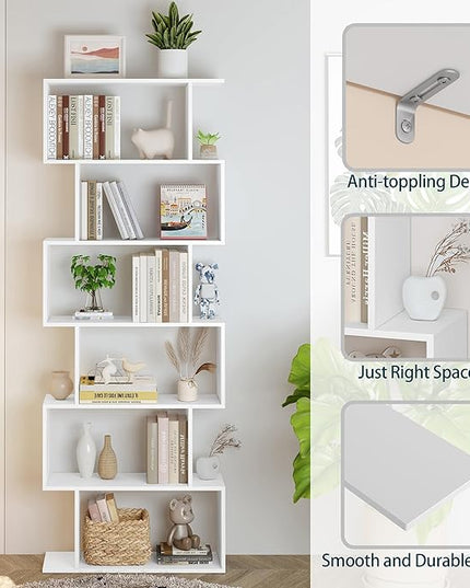 Yusong S Shaped Bookshelf, Modern Geometric Bookcase, 6-Tier White Display Case Book Shelf - LeafyLoom