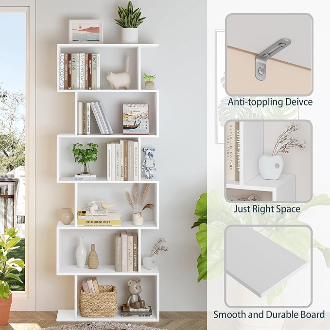 Yusong S Shaped Bookshelf, Modern Geometric Bookcase, 6-Tier White Display Case Book Shelf - LeafyLoom