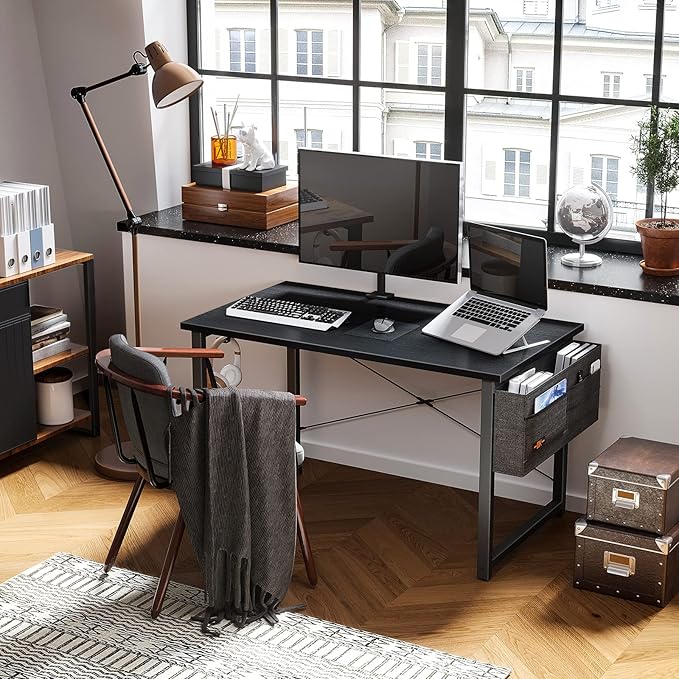 ODK Computer Desk Large Office Desk, 48 Inch Writing Desk with Storage, Modern PC Desk Work Table with Headphone Hook for Home Office, Black - LeafyLoom