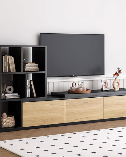 Extendable Stand with 3 Tier Bookshelves for TVs up to 110'', Adjustable Entertainment Center with Storage Cabinets, Sliding Tabletop Media Console for Living Room, Black, 126 inch Length - LeafyLoom
