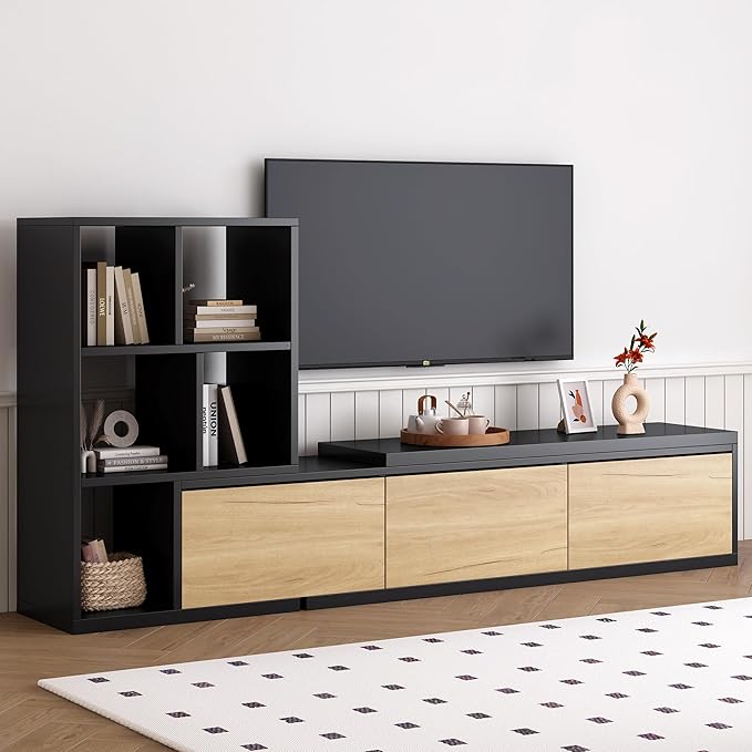 Extendable Stand with 3 Tier Bookshelves for TVs up to 110'', Adjustable Entertainment Center with Storage Cabinets, Sliding Tabletop Media Console for Living Room, Black, 126 inch Length - LeafyLoom