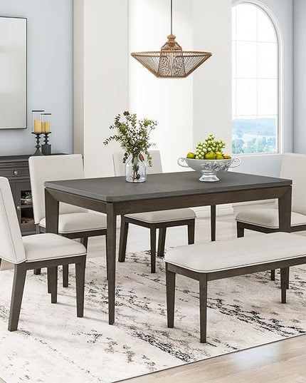 Dining Table Set for 6, Dining Table Set with Upholstered Dining Chairs and Bench, Farmhouse Wooden Rectangular Dining Table with Tapered Legs for Dining Room, Living Room, Dark Grey+Beige - LeafyLoom