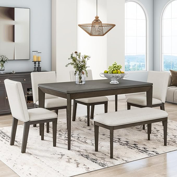 Dining Table Set for 6, Dining Table Set with Upholstered Dining Chairs and Bench, Farmhouse Wooden Rectangular Dining Table with Tapered Legs for Dining Room, Living Room, Dark Grey+Beige - LeafyLoom