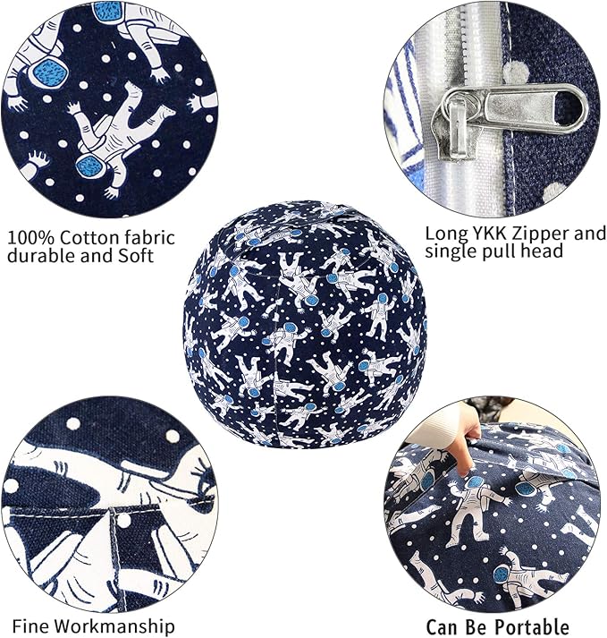 2 PCS Stuffed Animal Storage Bean Bag Chair Cover, Cotton Canvas Beanbag with Zipper for Organizing Kid's and Adults Room Blue Astronaut 24" - LeafyLoom
