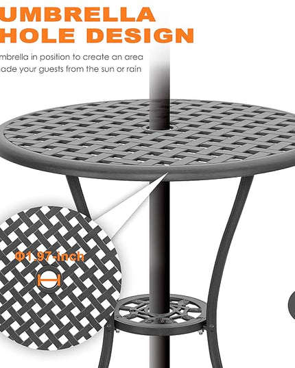 NUU GARDEN Bistro Set 3 Piece Outdoor Cast Aluminum Patio Bistro Set Patio Table and Chairs Set of 2 with Umbrella Hole and Gray Cushions, Black - LeafyLoom