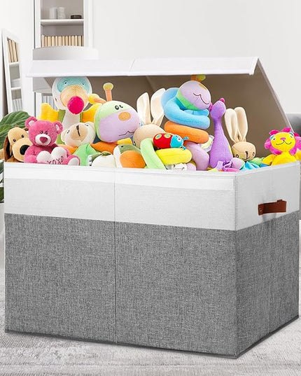 Large Toy Storage Box with Lid, Sturdy Toys Storage Chest Bin Organizer Basket with Dividers for Kids, Boys, Girls, Nursery, Closet, Bedroom, Playroom 26"x17" x17" (Grey and White) - LeafyLoom