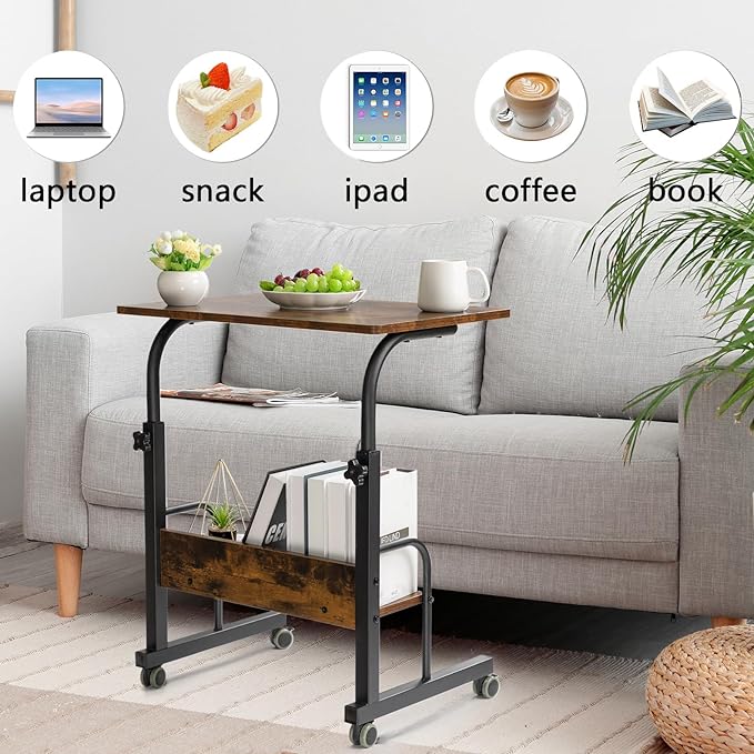 SIDUCAL Mobile Laptop Cart, Rolling Desk Adjustable Height, Rolling Computer Cart, Portable Laptop Desk, Small Adjustable Desk, Rolling Laptop Desk, Small Portable Desk with Wheels 23.6'' Rustic Brown - LeafyLoom