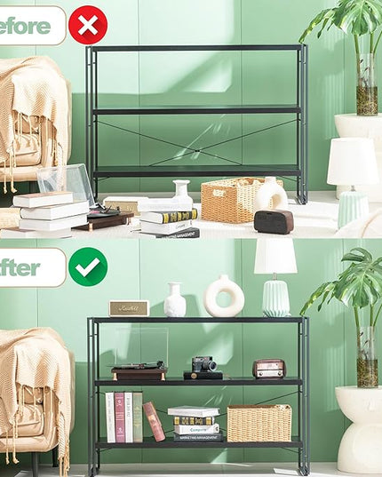 HCHQHS Bookshelf, 3-Tier Industrial Bookcase, Black Open Book Shelf, Freestanding Horizontal Bookshelves with Metal Frame - LeafyLoom