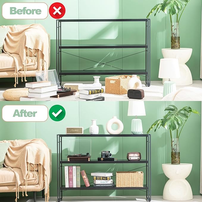 HCHQHS Bookshelf, 3-Tier Industrial Bookcase, Black Open Book Shelf, Freestanding Horizontal Bookshelves with Metal Frame - LeafyLoom