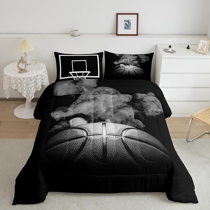 Erosebridal Basketball Comforter Set for Boys Teen King Size Sports Basketball Bedding Set Basketball Room Decor Reversible Black Down Comforter Grey Hippie Smoke Quilt Duvet Insert 2 Pillow Case - LeafyLoom