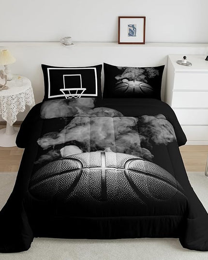 Sports Basketball Full Size Comforter Sets For Boys Teen Kids Basketball Quilt Bedding Set Grey Hippie Smoke Comforter Reversible Black Duvet Insert,1 Comforter + 2 Pillow Case Basketball Room Decor - LeafyLoom