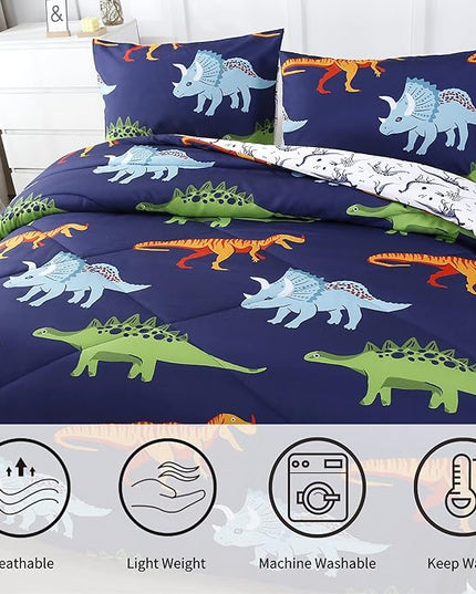 RYNGHIPY Cartoon Dinosaur Comforter Set, Dark Blue Dinosaur Kids Bedding Set for Boys, Dinosaurs Print Comforter Sets for Kids/Toddlers/Teens (Dinosaur,Twin) - LeafyLoom
