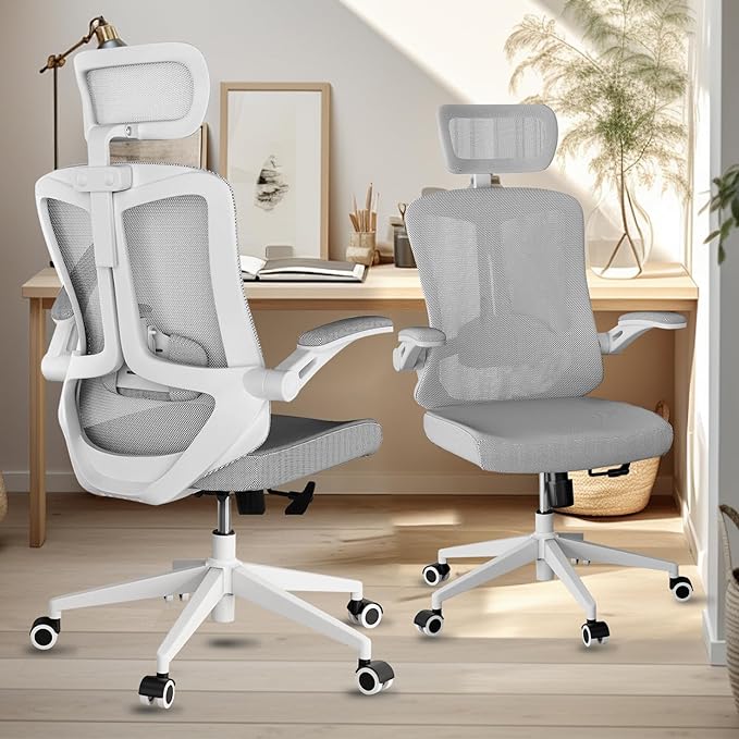Office Chair 350LBS Capacity,Ergonomic Comfy Home Desk Chair,High Back Gaming Chair with Wheels,Mesh Computer Chair,Lumbar Support, Adjustable Headrest,Flip-up Armrest - LeafyLoom