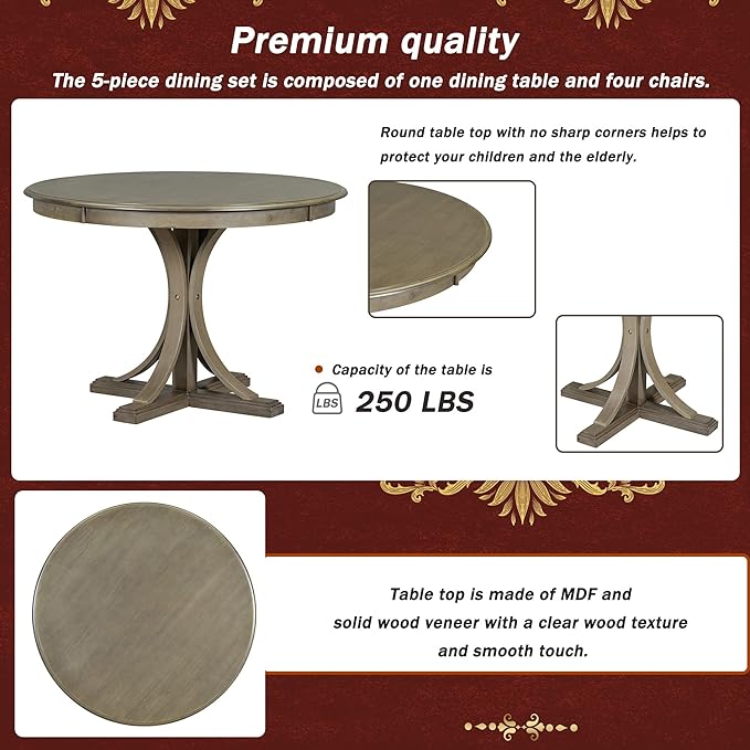 NicBex Kitchen Table Chairs Set of 4 Dining Table Set 5-Piece Retro Round Dining Table Set with Curved Trestle Style Table Legs and 4 Upholstered Chairs for Dining Room, Taupe - LeafyLoom