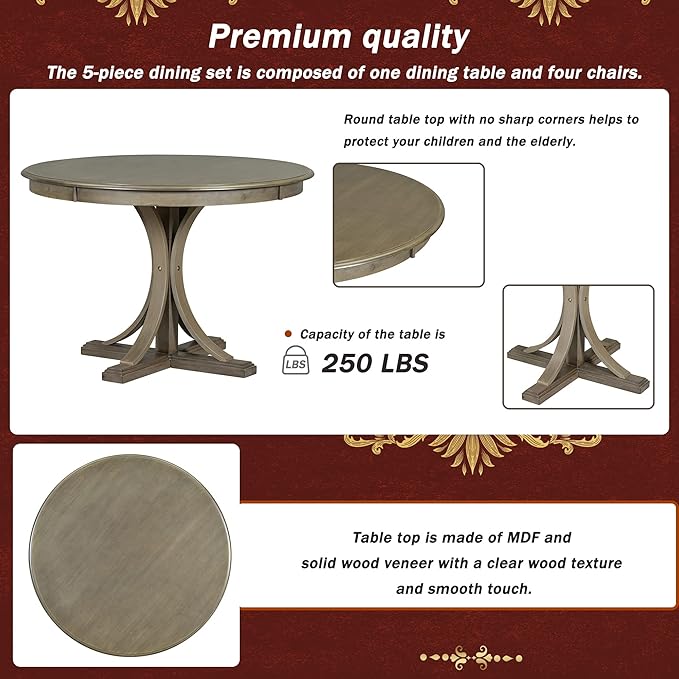 Modern Round Curved Trestle Style Legs, Including 4 Upholstered Backrest Cusioned Chairs, for Kitchen, Living Room, Taupe, 5 Piece Dining Table Set - LeafyLoom