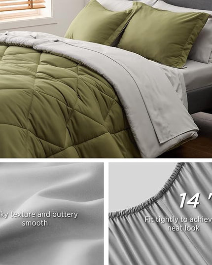 Bedsure Olive Green Queen Comforter Set - 7 Pieces Reversible Queen Bed in a Bag Queen Bed Set with Comforters, Sheets, Pillowcases & Shams, Queen Bedding Sets - LeafyLoom