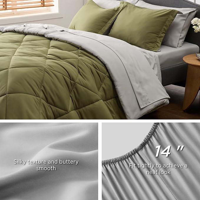 Bedsure Olive Green Queen Comforter Set - 7 Pieces Reversible Queen Bed in a Bag Queen Bed Set with Comforters, Sheets, Pillowcases & Shams, Queen Bedding Sets - LeafyLoom