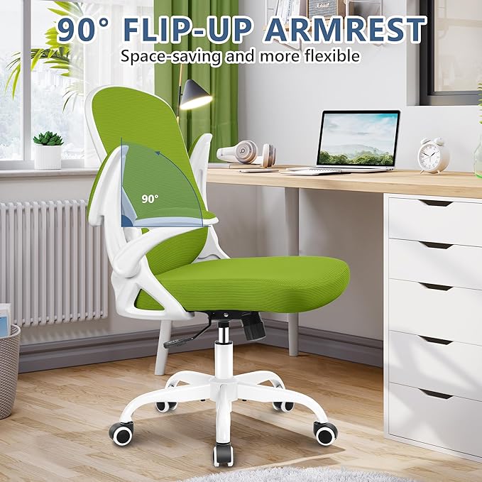 Office Chair Desk Chair, Ergonomic Mesh Computer Chair Home Office Desk Chairs, Swivel Task Chair Mid Back Breathable Rolling Chair with Adjustable Lumbar Support Flip Up Armrest (Green) - LeafyLoom